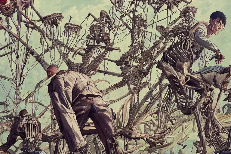 Prompt: gta, attack on titan by james jean. surreal whale skeleton. norman rockwell, trees, flowers by francis bacon, exotic vegetation, tristan eaton, victo ngai, triadic color scheme. lucian freud, a still from the film alien, indi sulta, beksinski. nicola samori, hyperrealism, intricate detailed, big brush strokes