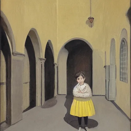 Image similar to a painting of a distant little girl with short black hair and wearing a yellow coat alone in the inner courtyard of an abbey by hopper and de chirico