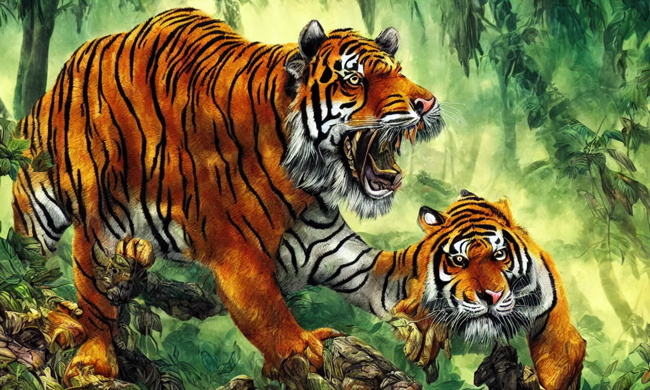 Prompt: a beautiful digital colorful detailed illustration of a fierce tiger in jungle, matte painting