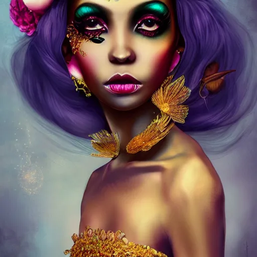 Prompt: portrait of a black woman inspired by Natalie Shau, Anna dittmann,gold paint,flower crown, pretty eye makeup, cinematic