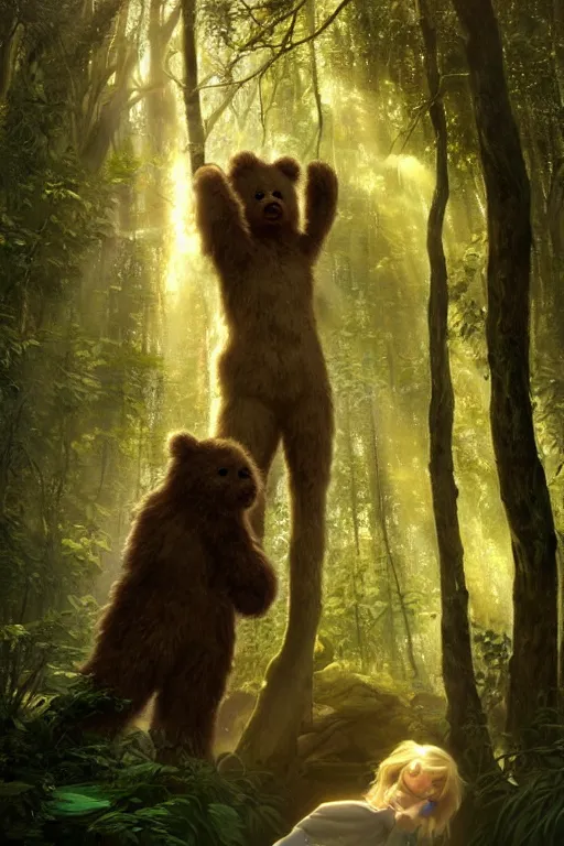 Image similar to mean fluffy teddybear protecting girl in a forest with rays of light coming through the canopy, masterpiece, dystopian, sci-fi, extremely detailed, digital painting, sculpted in zbrush, artstation, concept art, smooth, sharp focus, illustration, chiaroscuro lighting, golden ratio, incredible art, artgerm, greg rutkowski, alphonse mucha, simon stalenhag, carravaggio