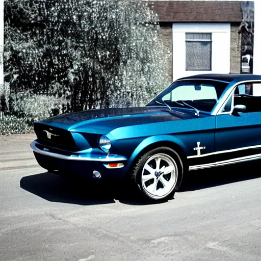 Prompt: Ford Mustang in front of a church in the 90\'s.