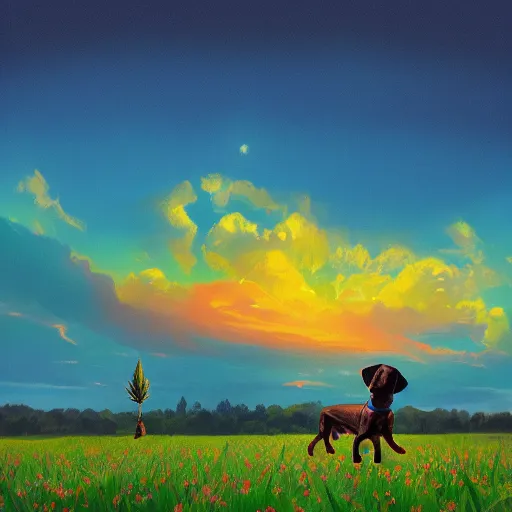 Prompt: a dachshund, surreal photography, cannabis field, sunset dramatic light, impressionist painting, colorful clouds, blue sky, digital painting, artstation, simon stalenhag