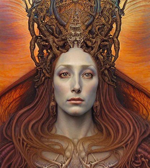 Image similar to detailed realistic beautiful young cher queen of mars portrait by jean delville, gustave dore and marco mazzoni, art nouveau, symbolist, visionary, baroque, iridescent fractal details. horizontal symmetry by zdzisław beksinski, iris van herpen, raymond swanland and alphonse mucha. highly detailed, hyper - real, beautiful