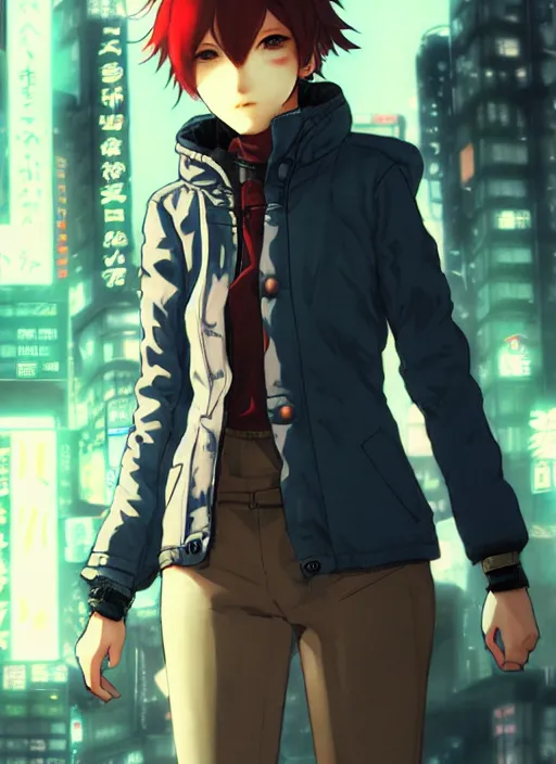 Image similar to character portrait cyberpunk female wearing jacket in Tokyo, hidari, color page, tankoban, 4K, tone mapping, Akihiko Yoshida.