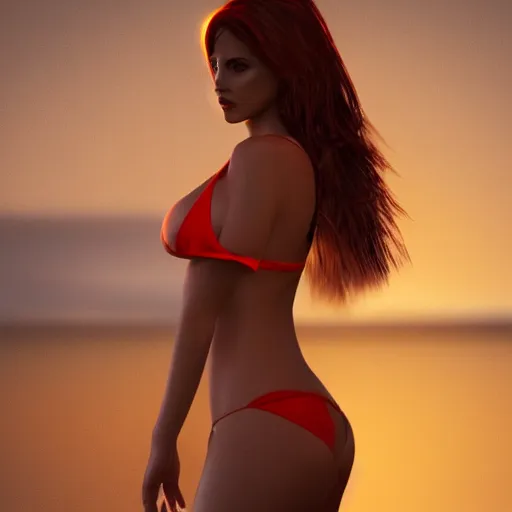 Image similar to a photorealistic hyperrealistic, girl in bikini on the beach, dressed, beautiful dynamic dramatic low - light moody lighting, cinematic atmosphere, concept design art, trending on artstation, 8 k