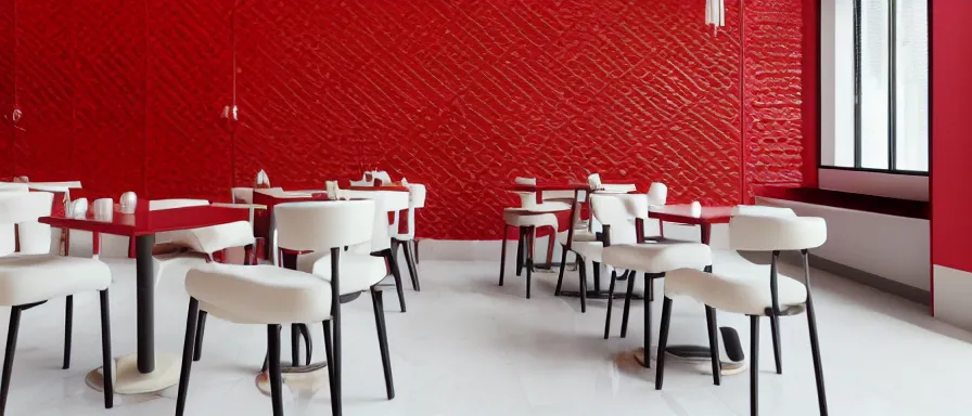 Image similar to a beautiful simple interior render of small roasted string hotpot restaurant restaurant yan'an, wall corner, from china, red paper wall and white tile floor, rectangle white porcelain table, black chair, fine simple delicate structure, chinese style, simple composition, simple style structure decoration design, victo ngai, 4 k hd