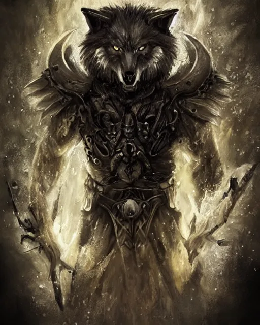 Image similar to Wolf, Anthropomorphized, as warlord general on skull throne, dark fur, evil, glowing eyes, magic the gathering artwork, D&D, fantasy, cinematic lighting, centered, symmetrical, highly detailed, digital painting, artstation, concept art, smooth, sharp focus, illustration, volumetric lighting, epic Composition, 8k, art by Akihiko Yoshida and Greg Rutkowski and Craig Mullins, heroic pose, oil painting, cgsociety, Battlefield background, explosions, arrows