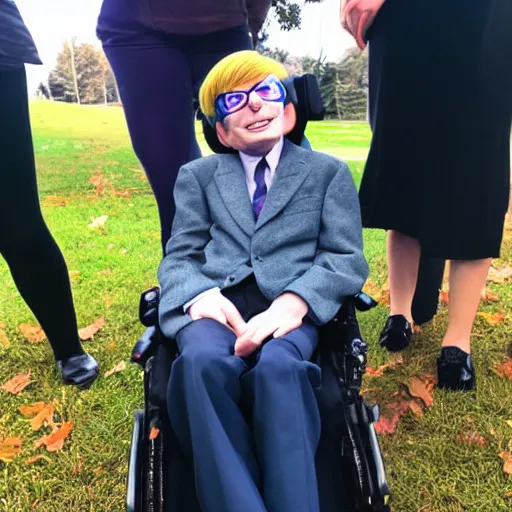 Prompt: a kid dressed up as Stephen Hawking for Halloween, trick or treating, photography,