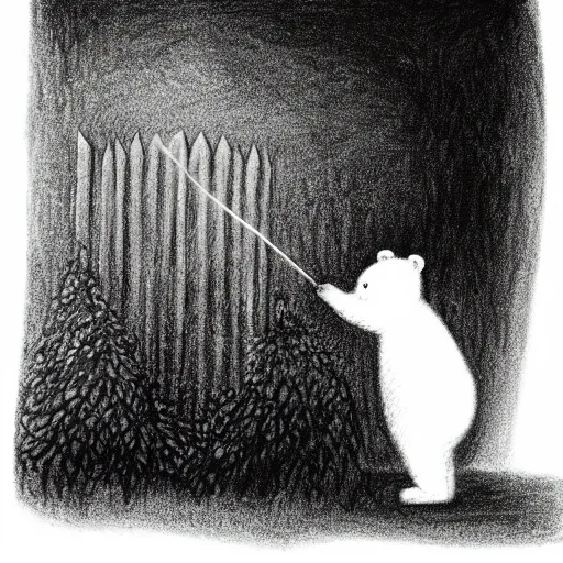 Prompt: charcoal drawing of a small bear about to enter a large hedge maze, the bear is white, illustrated by chris van allsburg, illustration, masterful, volumetric light, subdued, greyscale