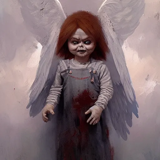 Image similar to the doll chucky as the angel seraphim according to the prophet isaiah, oil painting, by greg rutkowski