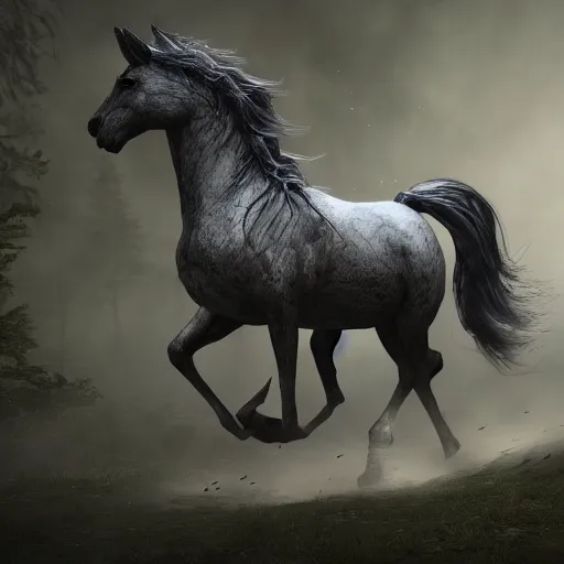 Image similar to Ghost horse, running through a dark forest, whispy trail, high quality render, unreal engine, 4k, trending on artstation