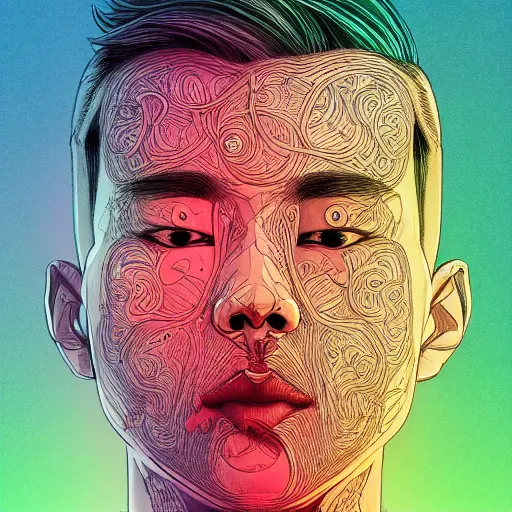 Image similar to the head of a handsome korean man partially made of rainbows, an ultrafine detailed illustration by james jean, final fantasy, intricate linework, bright colors, behance contest winner, vanitas, angular, altermodern, unreal engine 5 highly rendered, global illumination, radiant light, detailed and intricate environment