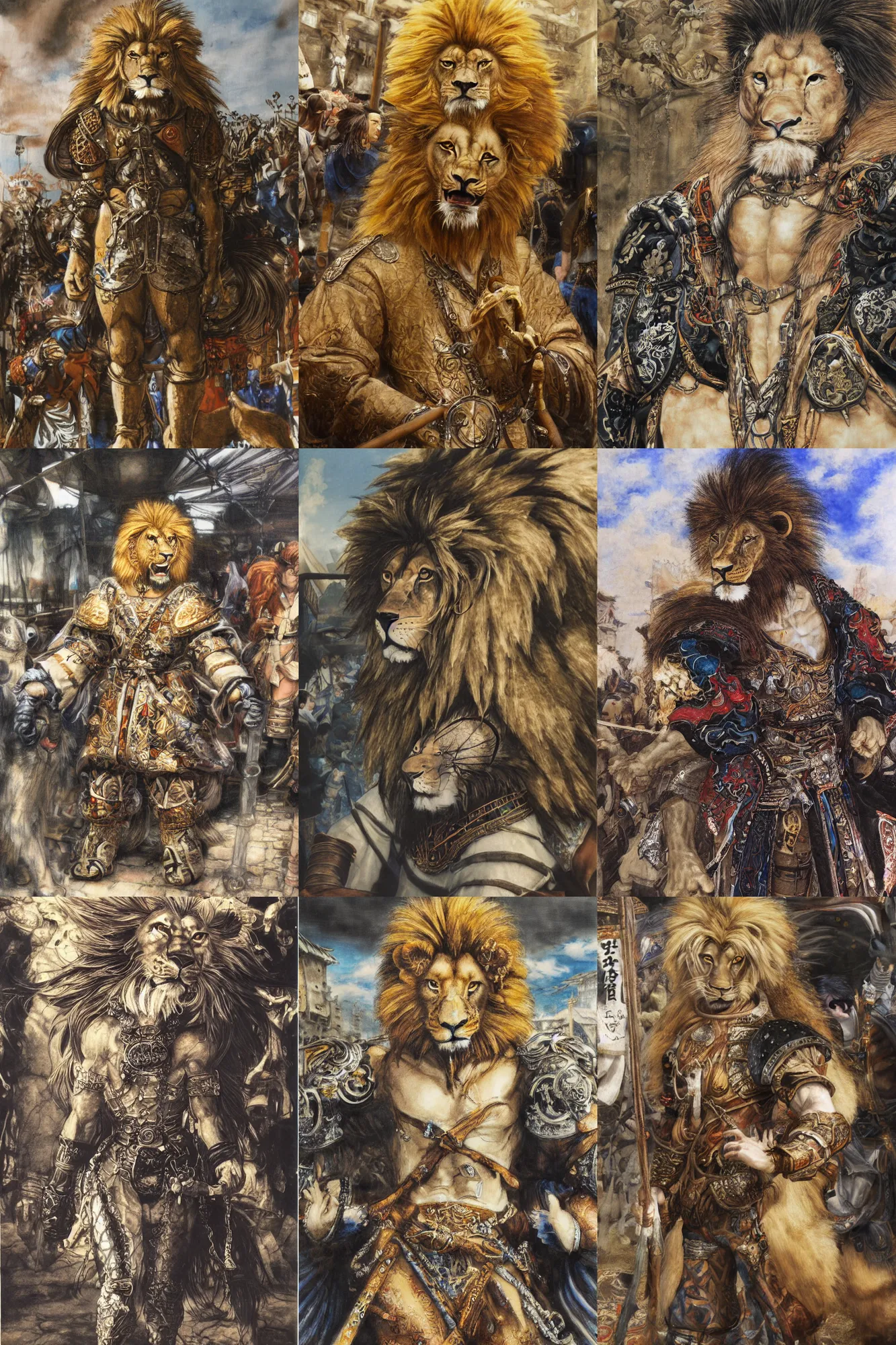 Prompt: 8 k yoshitaka amano painting of upper body of a young cool looking lion beastman with white mane at a medieval market at windy day. depth of field. he is wearing complex fantasy clothing. he has huge paws. renaissance style lighting.