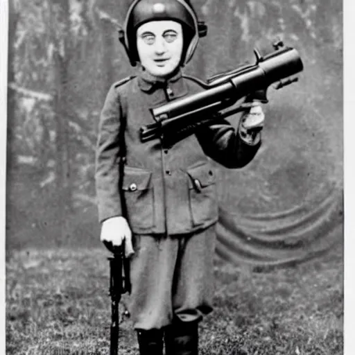 Image similar to old wartime photograph of minion from despicable me holding a lewis gun, 1 9 1 7