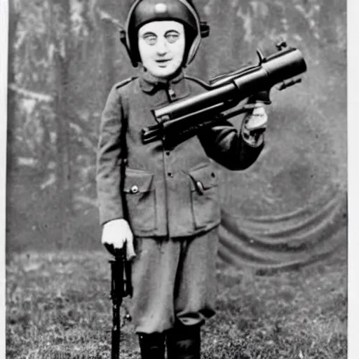 Prompt: old wartime photograph of minion from despicable me holding a lewis gun, 1 9 1 7