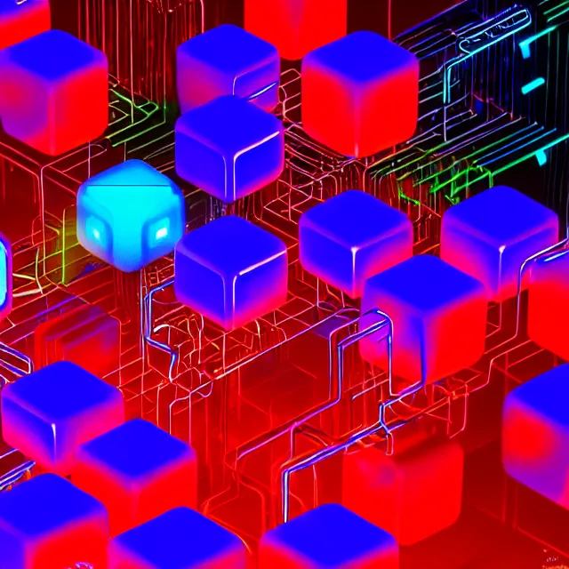 Prompt: a chain of plexus cyberpunk colorful cubes locked and interconnected with glowing tubes, abstract glowing cubes, blockchain, symmetry, intricate, volumetric lighting, beautiful, rich deep colors masterpiece, sharp focus, ultra detailed, in the style of john harris