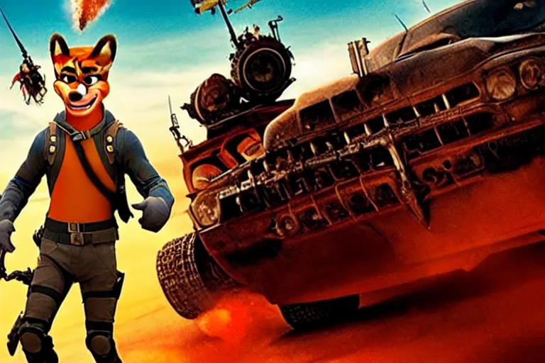 Image similar to nick wilde, heavily armed and armored facing down armageddon in a dark and gritty reboot from the makers of mad max : fury road : witness me