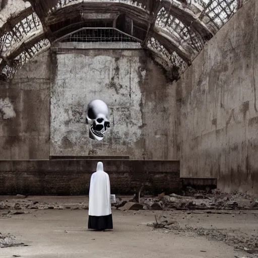 Prompt: praying nun with skeleton head in the middle of abandoned huge temple, by Zhang Kechun