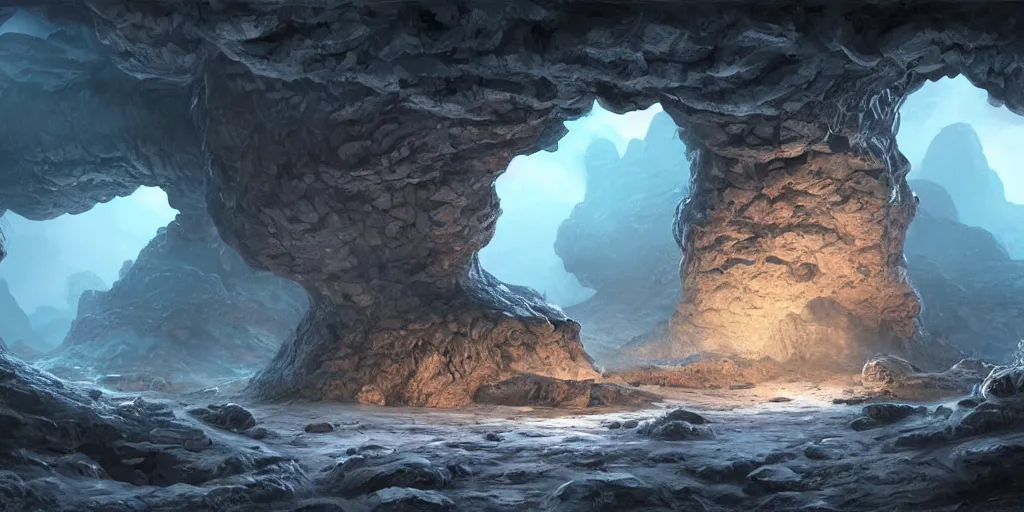 Image similar to an alien cave with swirling rock formations, 3d matte painting, concept art, highly detailed, photorealistic