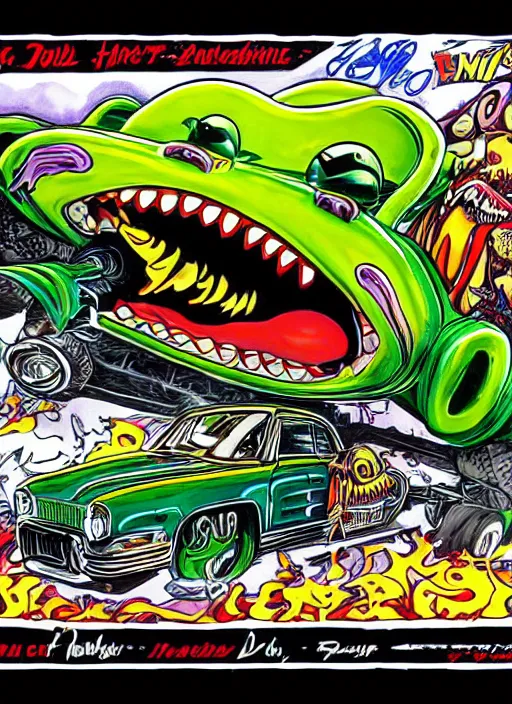 Prompt: rat fink driving his hot rod by ed big daddy roth