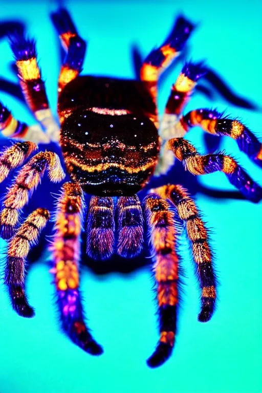 Image similar to high quality macro photo iridescent tarantula! jewelled supercute! highly detailed david ligare elson peter cinematic blue neon lighting high quality low angle hd 8k sharp shallow depth of field