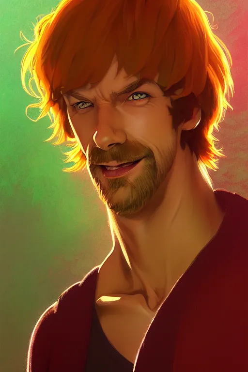 Prompt: a portrait of shaggy ( scooby - doo ), fantasy, sharp focus, intricate, elegant, digital painting, artstation, matte, highly detailed, concept art, illustration, ambient lighting, art by ilya kuvshinov, artgerm, alphonse mucha, and greg rutkowski