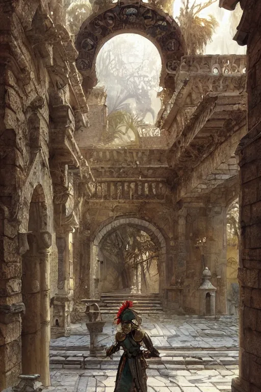 Image similar to an biomechanical palace guard walking through the byzantine courtyard by anders zorn, wonderful, mandelbulb 3 d buildings, fractal designs, dynamic, masterpiece by greg rutkowski, beautiful cinematic light, by greg manchess, jessica rossier