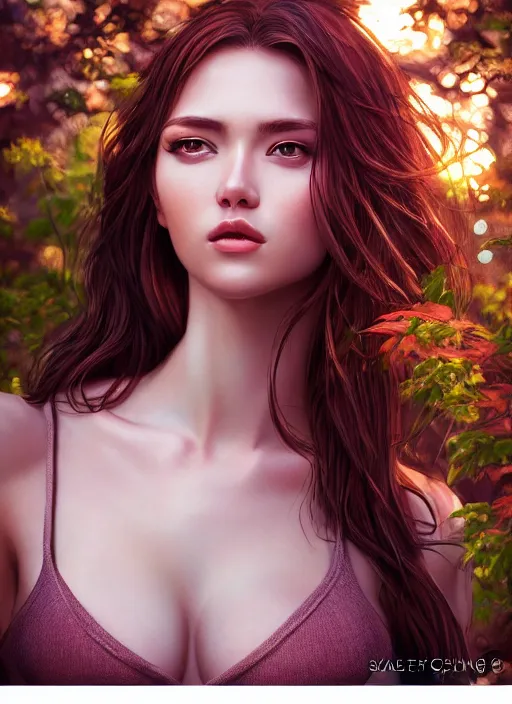 Image similar to photo of a gorgeous female in the style of stefan kostic, realistic, half body shot, sharp focus, 8 k high definition, insanely detailed, intricate, elegant, art by stanley lau and artgerm, bokeh foliage