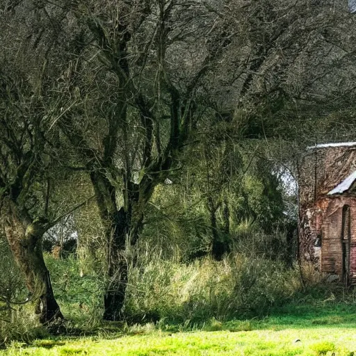 Prompt: a decaying georgian farmhouse. outside by an apple tree. a dress hangs from a branch. folk horror