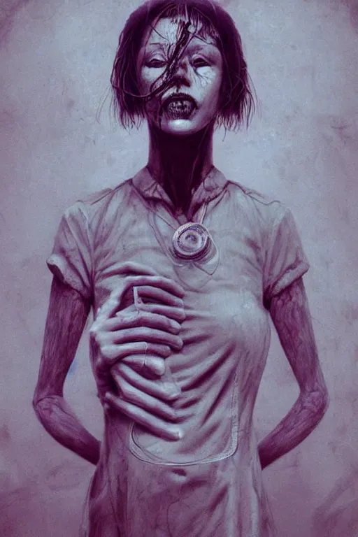 Prompt: grunge portrait of a creepy horror nurse girl . intricate artwork. nightmare fuel. terrifying. Asylum background. by beeple, zdzisław Beksiński, dan mumford , trending on artstation, greg rutkowski very coherent artwork. cinematic, hyper realism, high detail, octane render, 8k