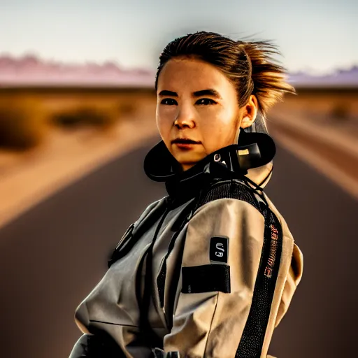 Image similar to photograph of a techwear woman, closeup, on a desert road with a futuristic city in the horizon, sigma 85mm f/1.4, 4k, depth of field, high resolution, 4k, 8k, hd, full color