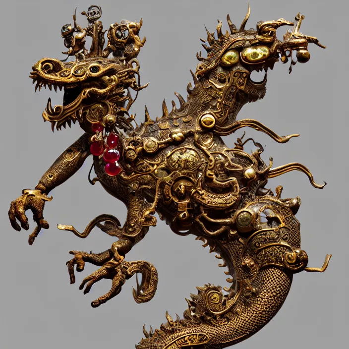 Image similar to highly detailed ancient clockwork artifact depicting a chinese dragon made of bronze and ivory and encrusted with precious rubies, beautiful patina, ethereal, esoteric, zbrush sculpt, octane render, intricate, ornate, cinematic lighting, hyperrealistic, ancient steampunk vibe