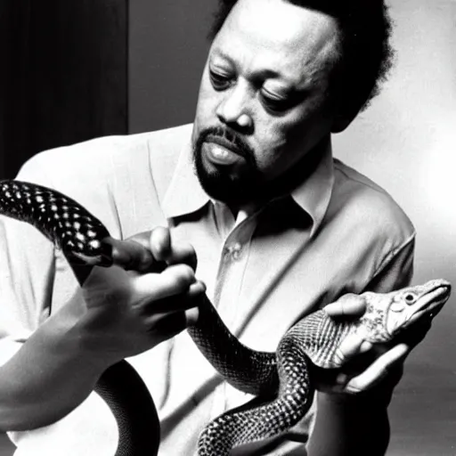 Prompt: Charles Mingus playing with a snake - n 6