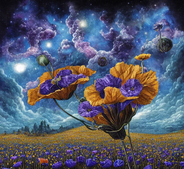 Image similar to detailed, intricate blue black and purple papaverum flower on the field, nebula, galaxy in the sky, winning award masterpiece, fantastically beautiful, illustration, aestheticly inspired, jacek yerka, upscale with anguissola sofonisba work, artstation, 8 k