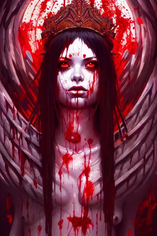Prompt: extremely beautiful panting of goddess of the realm of the dead, covered with blood, surrounded by skeletons, extremely high detailed face, artstation, by ilya kuvshinov, greg rutkowski and makoto shinkai, trending on artstation