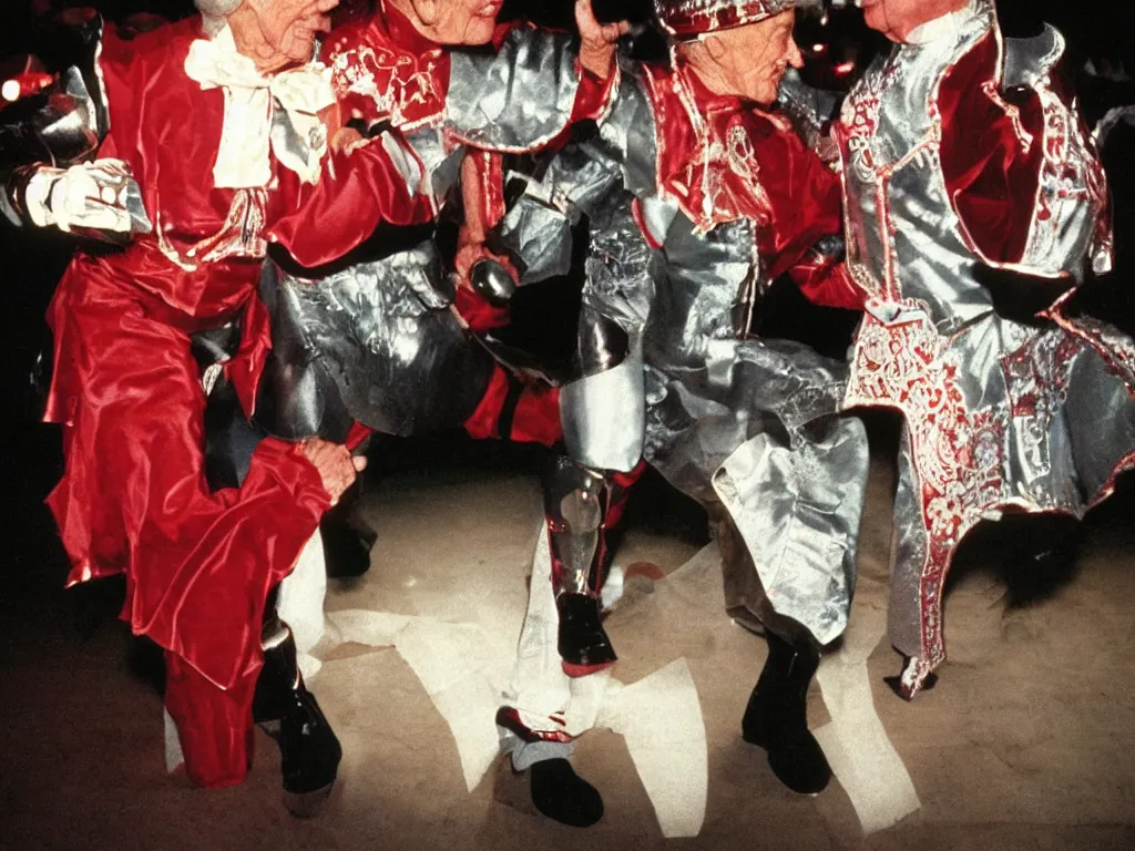 Image similar to a couple of grandparents of 1 0 0 years old wearing knight iron costume and dancing, kodachrome, backlight, add a glow around subj. edge, in twin peaks, 1 9 9 0 s