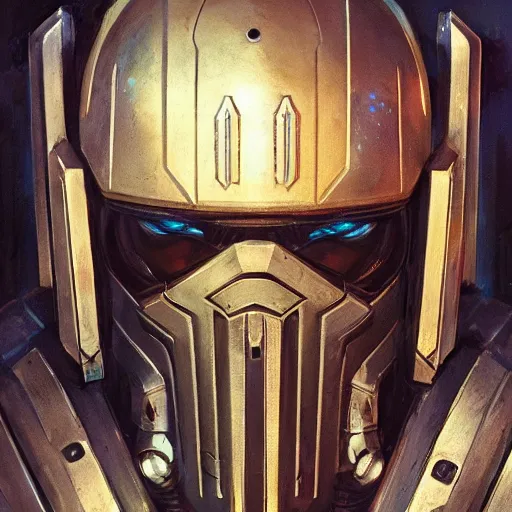 Image similar to the doomslayer as a realistic scifi cyberpunk knight, closeup portrait art by donato giancola and greg rutkowski, vintage retro scifi, realistic face, digital art, trending on artstation, symmetry!!!