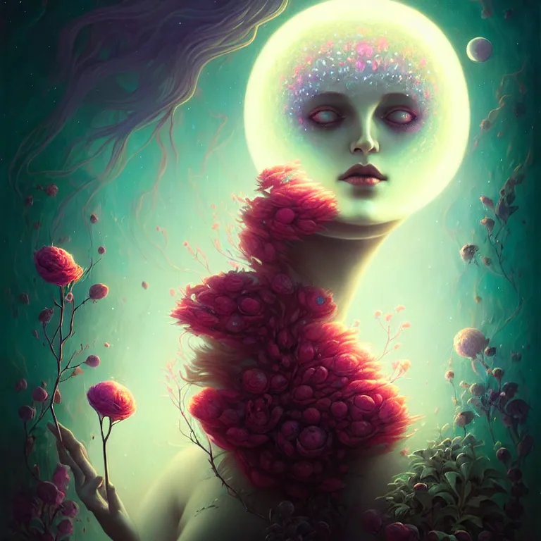 Prompt: skewed in the void of psychedelic, by by peter rohrabacher annatto finnstark. stunning luna goddess of flowers and edible plants, by charlie bowater tom bagshaw, detailed, space art. sparkling atom fractules of skulls and robots deep under the spine, fantasy, surrealist pop painting, and beeple and cgsociety