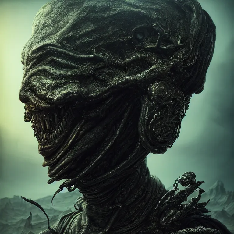 Image similar to portrait of beautiful man wearing black ribbed scorpio as mask, wastelands on exoplanet, baroque painting, beautiful intricate insanely detailed octane render, artstation, 8 k artistic harsh flash photography, photorealistic, volumetric perfect light, chiaroscuro, raphael, caravaggio, beksinski, rutkowski, giger