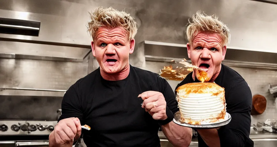 Image similar to photo of angry furious Gordon Ramsay smashing a cake in Gordon Ramsay's face at the kitchen