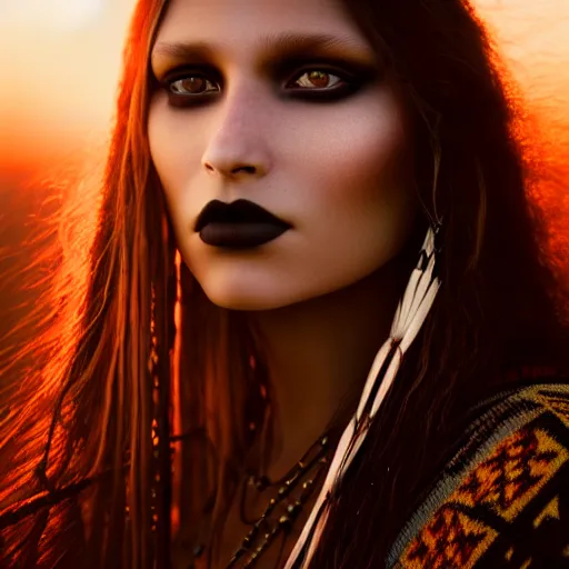 Image similar to photographic portrait of a stunningly beautiful gothic native american female in soft dreamy light at sunset, contemporary fashion shoot, by edward robert hughes, annie leibovitz and steve mccurry, david lazar, jimmy nelsson, breathtaking, 8 k resolution, extremely detailed, beautiful, establishing shot, artistic, hyperrealistic, beautiful face, octane render