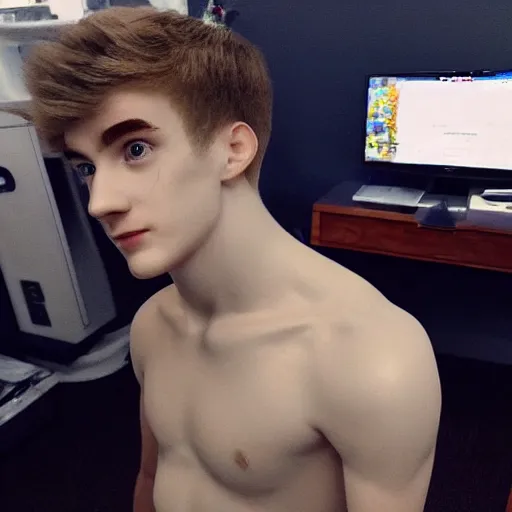 Image similar to “a realistic detailed photo of a guy who is an attractive humanoid who is half robot and half humanoid, who is a male android, twitch streamer Ninja Tyler Blevins, shiny skin, posing like a statue, blank stare, living room, display”