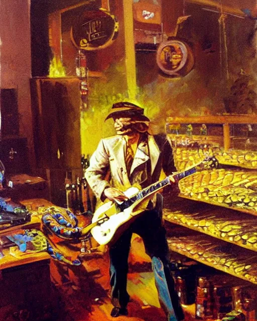 Image similar to Snake Oil salesman shredding on a Gibson Les Paul in a snake oil warehouse, snakes and oil everywhere, painting by Frank Frazetta