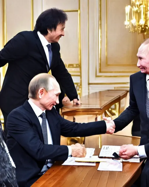 Prompt: sixty years old viktor tsoi with joyful look in a business suit shaking hands with vladimir putin in kremlin, moscow, color photo, mid shot photo, official meeting, digital photo, 4 k