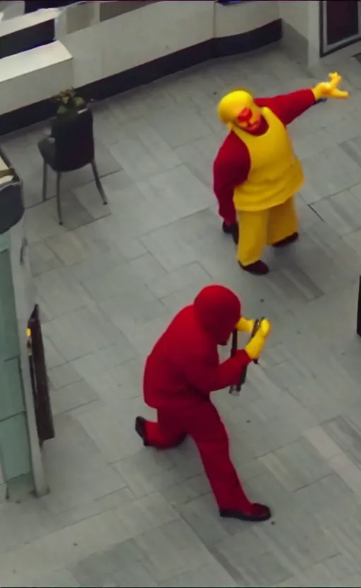 Image similar to security footage of ronald mcdonald robbing a bank with a gun. award winning. very high quality. hq. hd.