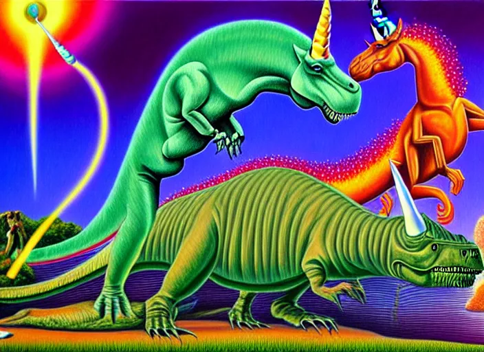 Image similar to T-rex and Unicorn relaxing, Alex Grey,Oil on Canvas detailed,