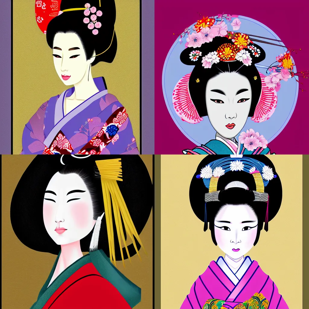 Prompt: digital painting of beautiful geisha in the style of nihonga