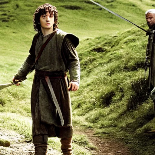 Prompt: the lord of the rings but frodo is really tall