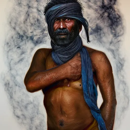 Prompt: portrait of head and body, single bangla farmer fighting on hoseback, hand to hand combat with machete, wielding machete, lungi, full body view, long flowing hair, fighting for his life, nebula aura surrounding subject, nestor canavarro art style, hyperrealist art style, sharp outlines